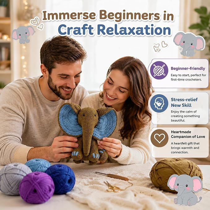 JYZJDKE Crochet Kit for Beginners Adults - DIY Amigurumi Elephant Knitting Starter Kit with Yarn Sets, Crochet Animal Kit Cute Stuffed Animal Craft Birthday Gifts (Grey Purple+Coffee Blue Elephant)