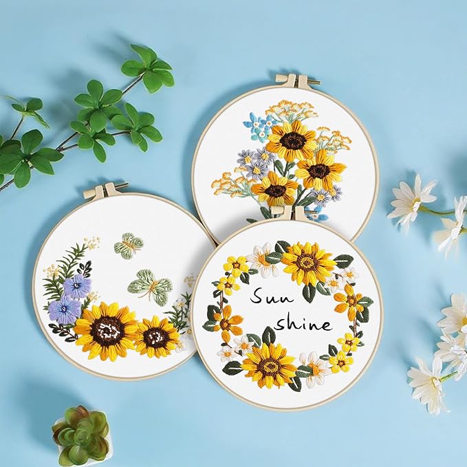 ERKOON 3 Sets Embroidery Kit, Floral Cross Stitch Set for Include Embroidery Cloth Hoops Threads for Craft Lover Hand Stitch (Sunflower)