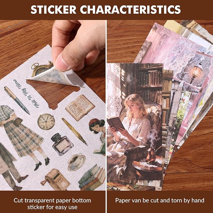 Reading Scrapbooking Stickers 400 Pre-Cut Washi Stickers & 20 Scrapbook Papers Vintage Sticker journaling Supplies People Sticker Books for journaling