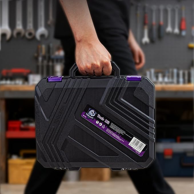 CARTMAN 150PCS 8V Cordless Drill Hand Tool Set, Purple Household Repair Kit | All-Inclusive Tool Assortment With 8V Drill, Great For Home Upkeep, DIY Crafting And Daily Household Fixes
