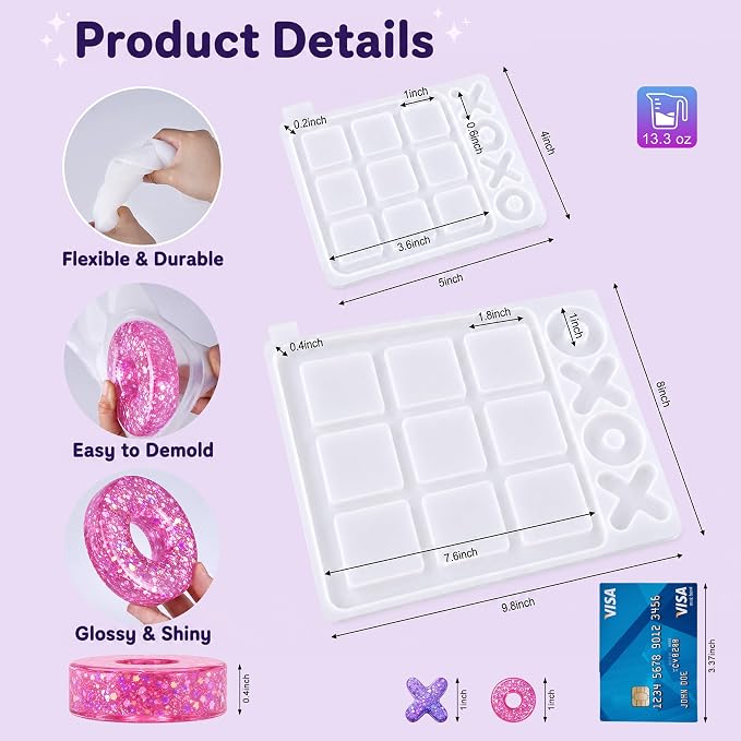 LET'S RESIN Large Tic Tac Toe Resin Mold 2Pcs, Tic Tac Toe Molds for Resin Casting, Large Epoxy Resin Silicone Molds for DIY Tabletop Board Game,Travel Game