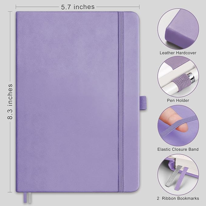 RETTACY Graph Grid Paper Notebook, 192 Pages, A5 Size (5.7'' x 8.3'') | 5 Squares per Inch, Leather Hardcover, 100 GSM Thick Paper, for School, Students, Math, Engineering (Purple)