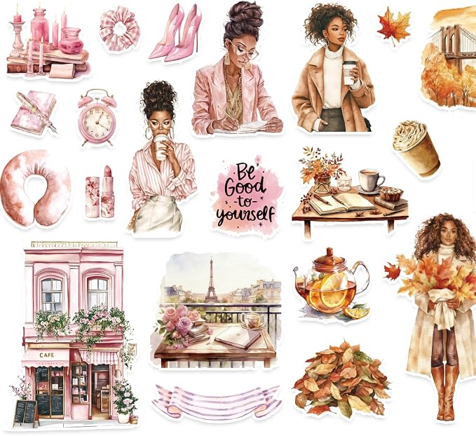 Black Girl Sticker Book of Four Seasons - 24 Pages Hand Drawn Waterproof Vinyl Stickers for Journals, Planners, Scrapbooking, Laptop & Water Bottles - Melanin Power Aesthetics Gift Ideas for Women