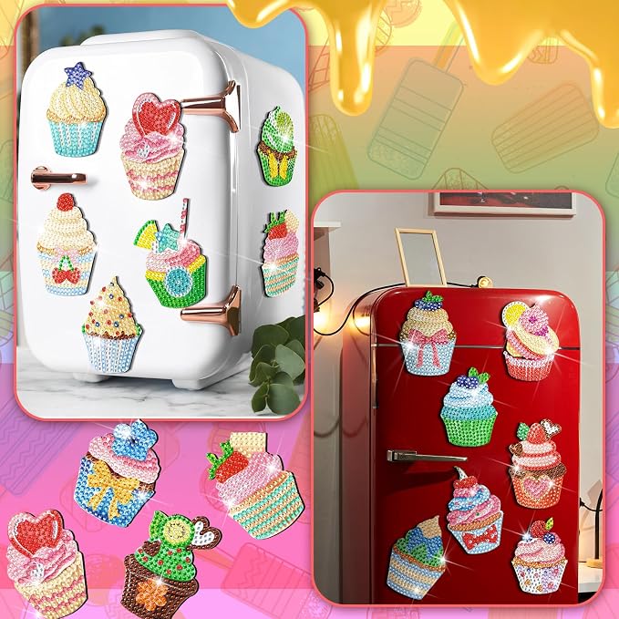 Remuuly 30 Pcs Cupcake Diamond Painting Magnet Diamond Art Kits for Adults | Cake Refrigerator Magnets, Cupcake 5D Rhinestone, Fridge Magnetic Sticker, Small Diamond Club Gifts, Beginner DIY Crafts