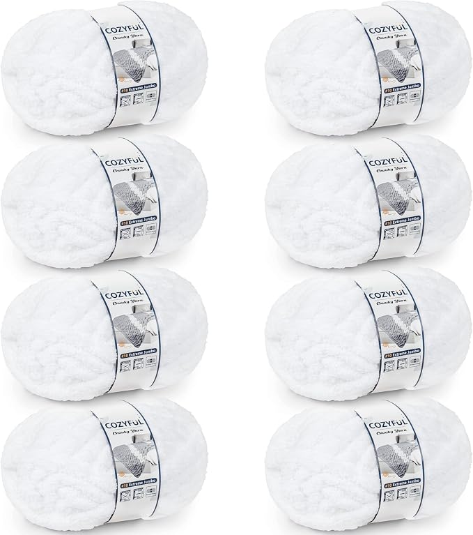 Cozyful Chunky Yarn for Hand Knitting - #10 Chunky Chenille Yarn, Jumbo Big Thick Chunky Yarns for Crocheting, Super Bulky Chunky Knit Blanket Yarns, 8 Skein (22 yds 8 oz Each Skein), Pure White