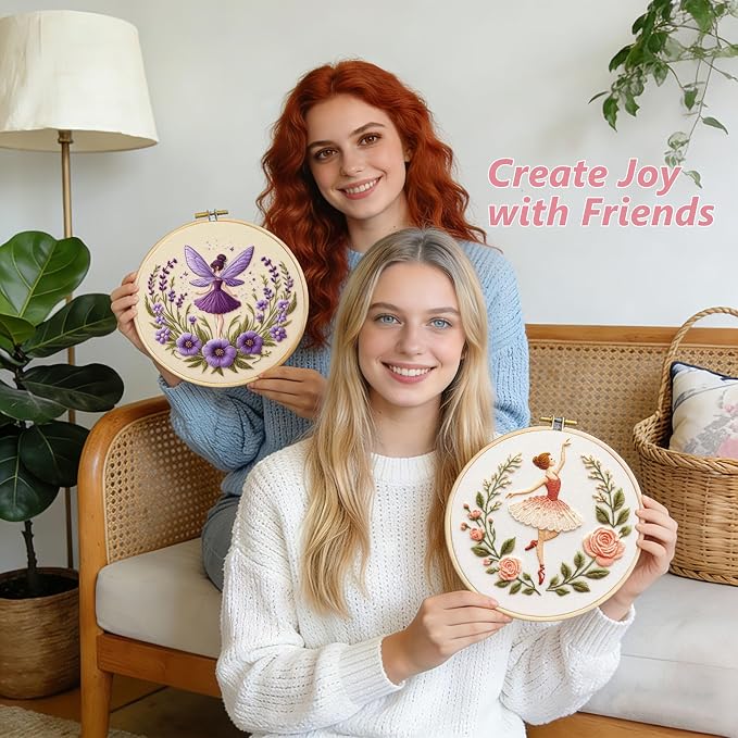 Embroidery Kit for Adults, Pre-Stamped Pattern Embroidery Kit for Beginners, Needlepoint Starter Kit with Hoop Thread Needle Instruction, 7.9'' Hoop (Flower Fairy 3 Packs)
