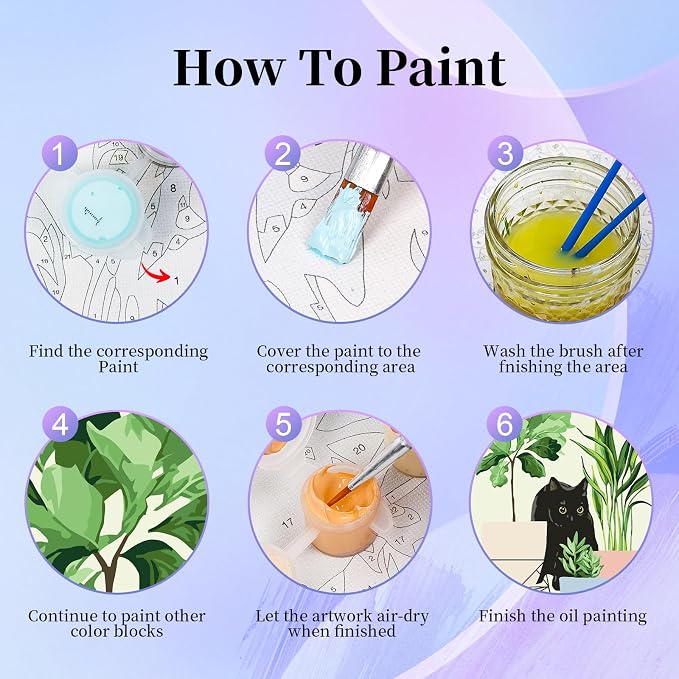 6 Pack Paint by Numbers Kit for Adults & Beginners, Black Cat & Green Plant | Paint by Number Kits on Canvas without Frame, 8x12 Inch, DIY Painting Kit for Home Wall Decor, Gifts for Women & Men