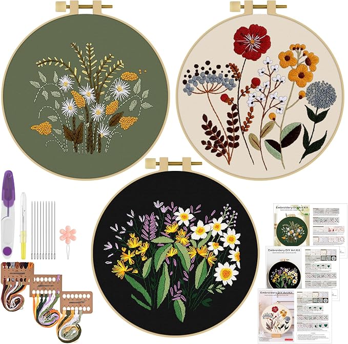 ERKOON 3 Sets Embroidery Kit, Floral Cross Stitch Set for Include Embroidery Cloth Hoops Threads for Craft Lover Hand Stitch (Plants & Flowers)