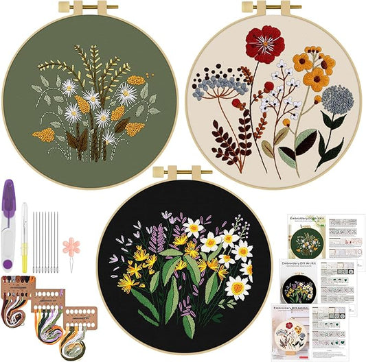ERKOON 3 Sets Embroidery Kit, Floral Cross Stitch Set for Include Embroidery Cloth Hoops Threads for Craft Lover Hand Stitch (Plants & Flowers)