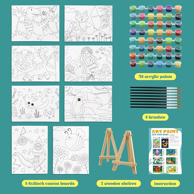 goldentime 8 Packs Predrawn Canvas for Painting Kids Painting Canvas for Kids Painting Kits for Kids 4-8, 48 Paints, 8 Brushes 2 Easels, 8 6x8 Printed Canvas to Paint for Girls Boys and Beginners