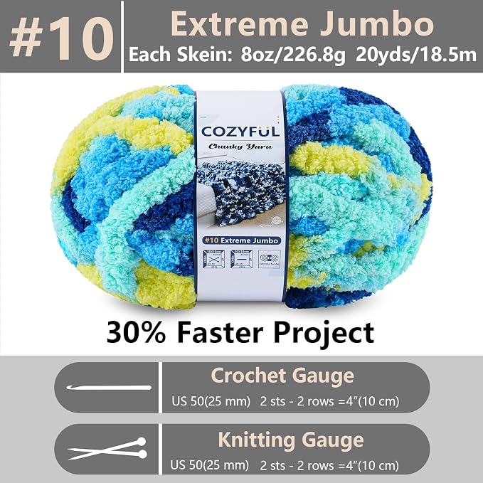 Cozyful Chunky Yarn for Hand Knitting - #10 Chunky Chenille Blanket Yarn, Jumbo Big Thick Chunky Yarns for Crocheting, Tie Dye Bulky Knit Yarns, 8 Skein (20 yds 8 oz Each Skein), Multi Blue & Yellow