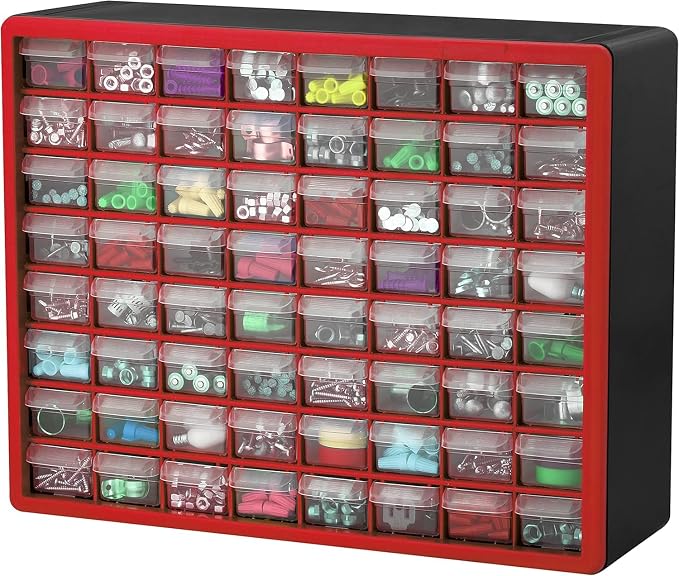 Akro-Mils 64-Drawer Plastic Storage Cabinet, 20" W x 6" D x 16" H, Red | Plastic Cabinet w/ Drawers for Garage Organization, Beads, Building Bricks Storage, Teacher Toolbox, Makeup Organizer, 10164