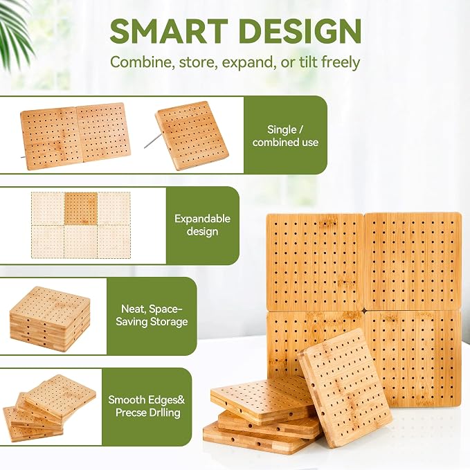 4-Pack 4.7" Assembled Crochet Blocking Boards for Granny Square with Pins | With 25 Steel Pins Pegs, Assembles into 9.4" Standable Blocking Board for Crocheting and Knitting,Gifts for Crocheter
