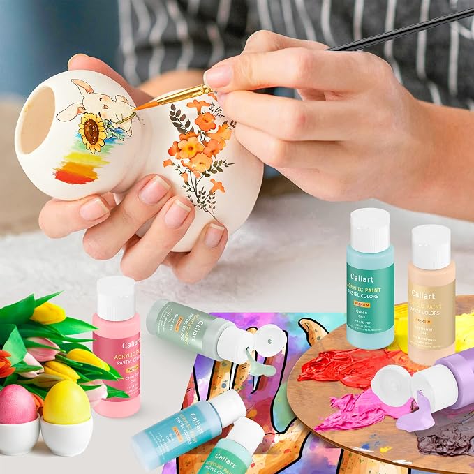 Caliart 24 Colors Pastel Acrylic Paint Set with 12 Brushes | Craft Painting kit for Adults Artists Beginners, Rich Pigment Non-toxic, Canvas Wood Rock Pumpkin Ceramic Art Supplies Paint