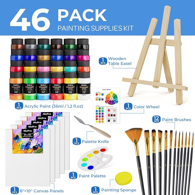 Nicpro 46PCS Acrylic Paint Canvas Set for Adults with 24 Paints (36ML) | Art Painting Supplies Kit, Table Wood Easel, 10 Canvas Panels, 12 Paint Brushes, Paper Pad, Cup, Palette, For Beginner Artist