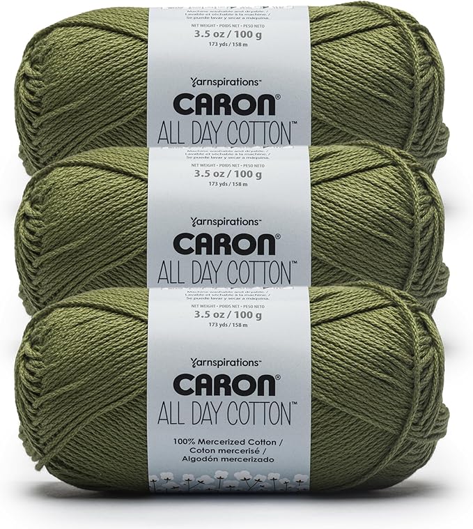 Caron All Day Cotton Yarn for Crocheting, Moss, 3-Pack | #4 Worsted Yarn, 100% Mercerized Cotton, Soft Crochet Yarn for Knitting, Amigurumi & Crafts, 173yds, 100g/3.5oz per skein