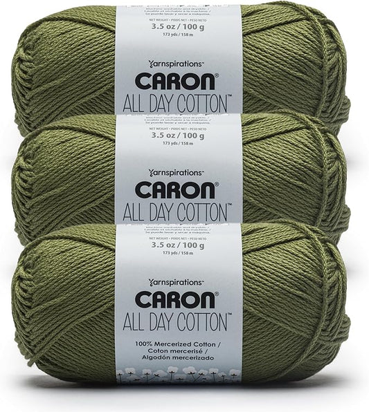 Caron All Day Cotton Yarn for Crocheting, Moss, 3-Pack | #4 Worsted Yarn, 100% Mercerized Cotton, Soft Crochet Yarn for Knitting, Amigurumi & Crafts, 173yds, 100g/3.5oz per skein