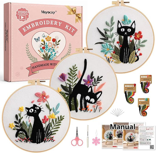 Meyocky Embroidery Kit for Beginners with Cat Flower Patterns& Stitch Video | 3-Piece Hand Embroidery Kits with Pre-Stamped Fabrics Hoop Threads, Step-by-Step Instructions, Relaxing Craft Gift for Women