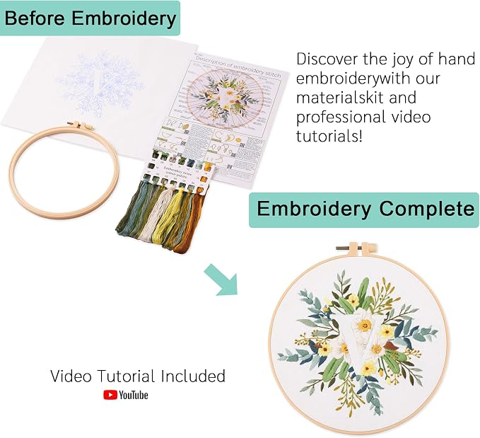 Harimau Letter Pattern V Embroidery Kit for Adult Beginners, Complete Starter Pack with 1 Hoop, Needles, Instruction Guide & Embroidery Stitch Video Tutorials