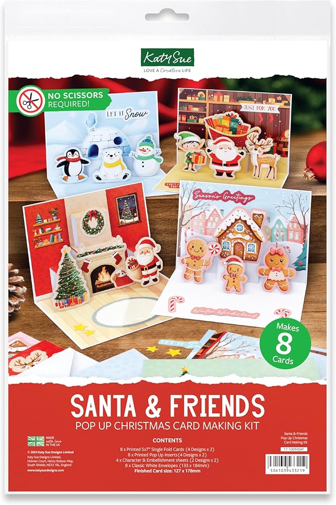 Katy Sue Santa & Friends Pop Up Christmas Card Making Kit. Makes Eight 5 x 7 Inch Christmas Cards. Kit Contains Cards, Pop Up Inserts, Envelopes, Instructions & Embellishments.