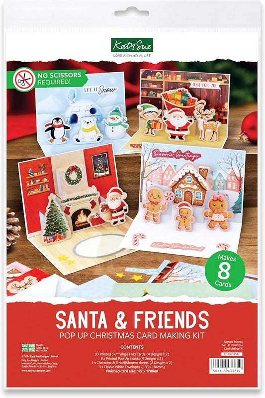 Katy Sue Santa & Friends Pop Up Christmas Card Making Kit. Makes Eight 5 x 7 Inch Christmas Cards. Kit Contains Cards, Pop Up Inserts, Envelopes, Instructions & Embellishments.