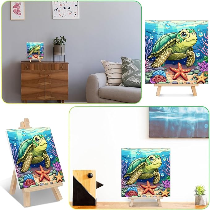 ajepon Sea Turtle Paint by Numbers Kit for Kids with Frame - Cute Tortoise Paint by Number for Kids, Kid Painting by Number Kits Age 8-12 for Home Wall Decor 8X8inch (with Wooden Easel)