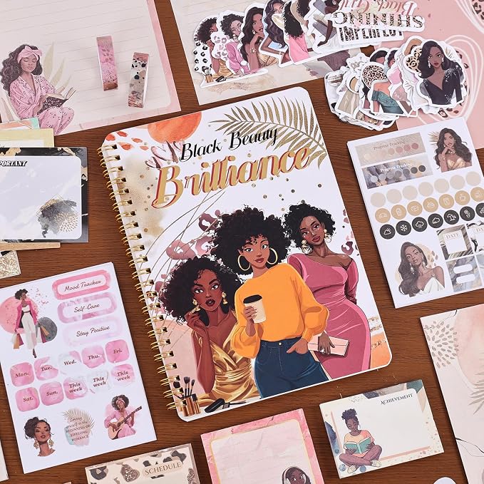 Black Girl Weekly Planner Gift Set - 52 Weeks Undated Planner with 190+ Stickers, Washi Tape, Journal Supplies & Accessories for Teen Girls - Inspirational Productivity Organization Kit, Present Box