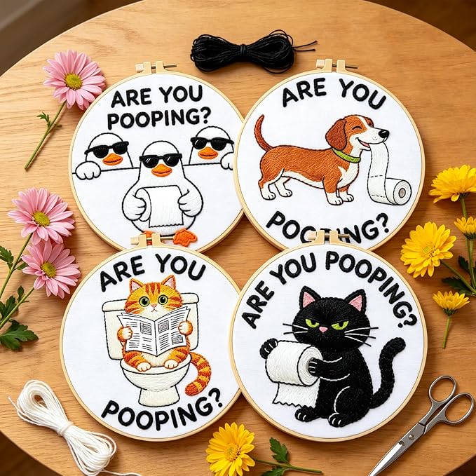 BEUNITONE 4 Pack Beginner Embroidery Kit for Adults, Funny Animal Pre-Stamped Pattern Needlepoint Kits with Hoop, Tools & Instruction, 7.9"x7.9" Hand Embroidery Kits for Fabric and Home Decor