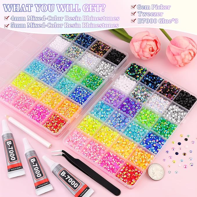 2 Boxes Resin Rhinestones with Tweezers for Crafting, 16000Pcs Mixed-Color 4mm&5mm Bedazzling Crystal with 3Pcs 10ml B7000 Jewelry Glue for DIY Crafts Clothing Tumblers Shoes Fabric Nail Art