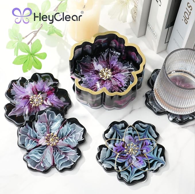 HeyClear 5Pcs Coaster Silicone Resin Molds, Flower Coaster Epoxy Resin Molds with Holder Mold, Resin Casting Molds for Table Coasters, Home Decoration and DIY Art Crafts