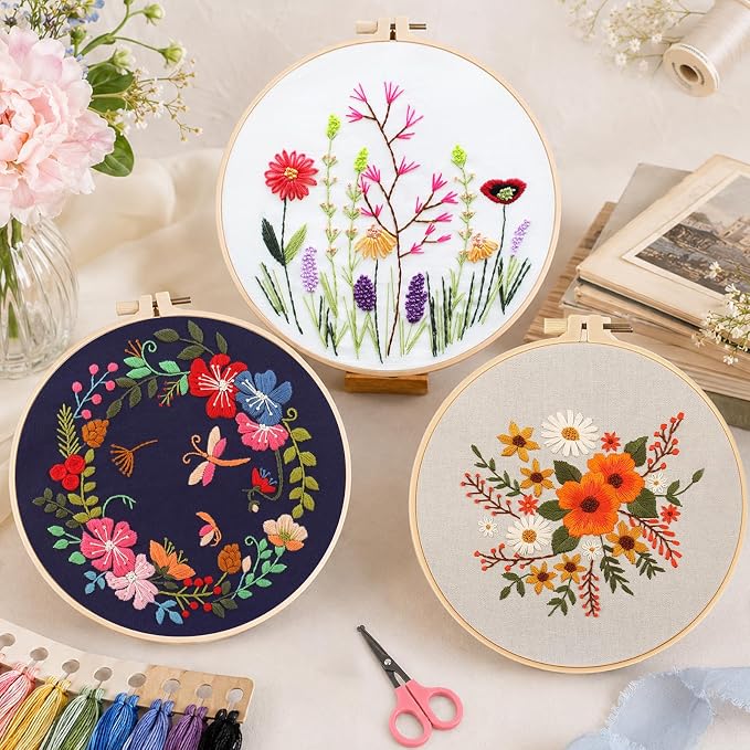 Meyocky Embroidery Kit for Beginners with Floral Leaf Patterns& HD Videos | 3 Pre-Printed Flower Embroidery Starter Kit for Adults, Step-by-step Instructions Hoop Threads, Gift for Women Craft Lovers