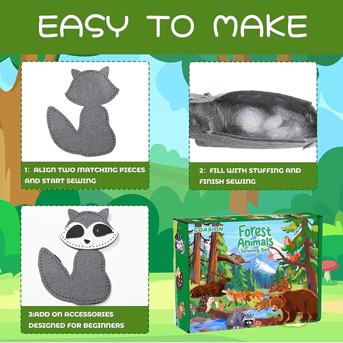 GOASION Sewing Kit for Kids, 8 Pcs Jungle Animals Craft Set, Ages 5+