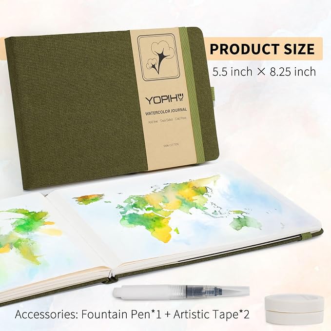 Yopih Artists Premium Linen Watercolor Sketchbook 5.5 x 8.2 in Green