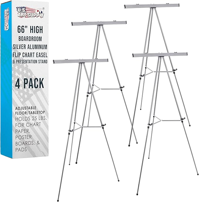 U.S. Art Supply 66" High Boardroom Classroom Silver Flip Chart Easel,4-Pack