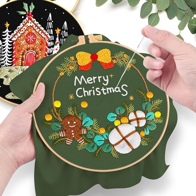 ERKOON 4 Sets Embroidery Kit for Beginners, Christmas Cross Stitch Set with Easy Pattern Embroidery Cloth Hoops Threads for Craft Lover Hand Stitch