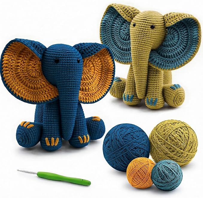 JYZJDKE Crochet Kit for Beginners Adults - DIY Amigurumi Elephant Knitting Starter Kit with Yarn Sets, Crochet Animal Kit Cute Stuffed Animal Craft Birthday Gifts (Dark Blue+Ginger Elephant)