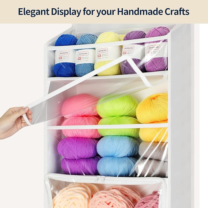 Yecaye Hanging Yarn Storage Organizer with 5 Zippered Closure Compartments, Heavy Duty Stuffed Animal Storage with Clear PVC, Dustproof Yarn Holder for Crocheting Storage, Ivory 5 Tier