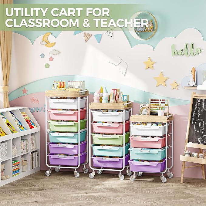 SYKIARIOL Utility Storage Cart with Ice Cream Color Drawer for Classroom | Rolling Cart with Labeling 6 Drawers, for Kids Room, Dorm, School, Storage Study Arts Craft Sewing Supplies Organizers