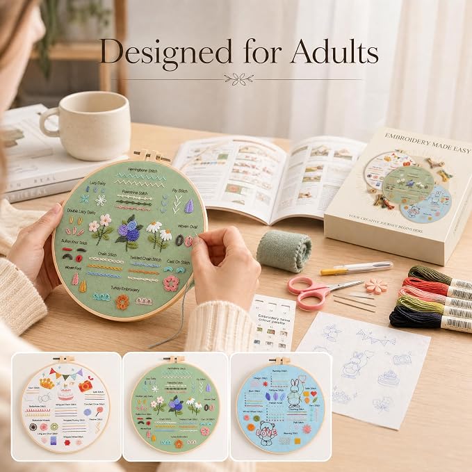 DOPLOEU 32 Essential Stitches Embroidery Kit for Beginners Adults