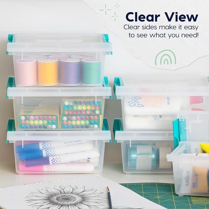 IRIS USA Storage Bins with Lids |Made in USA| 1 Qt - (6-Pack) - Clear | Sensory Craft Organizers, Plastic Clip Box Totes, Flat Containers for Organizing Paper, Office, Art & Study Supplies