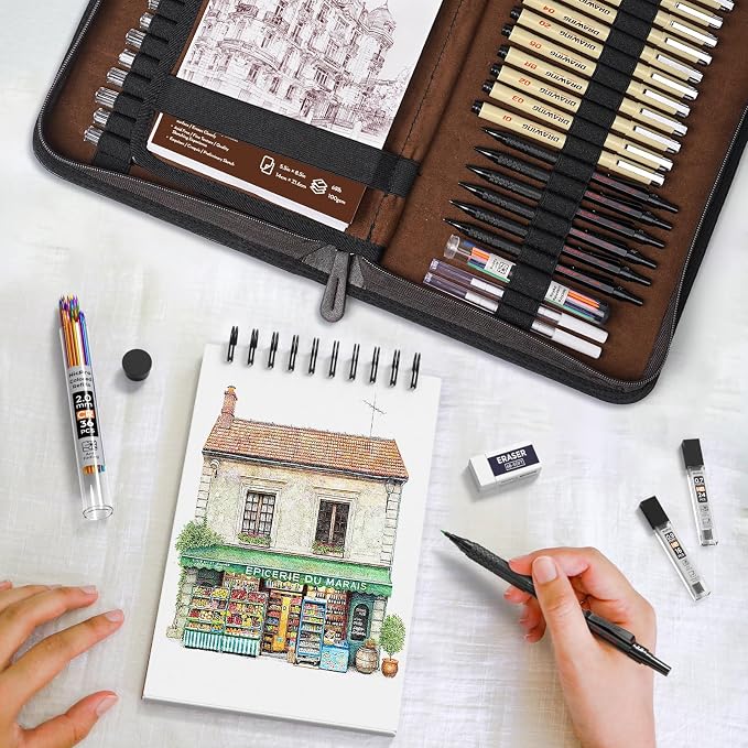 Nicpro 58PCS Art Drawing Supplies Kit in Leather Case,Pro Art Kit for Adult | Sketch Kit with 12 Micron Pen, 6 Metal Art Mechanical Pencil Set 0.5-2mm, 100 Sheets Sketch Book, Best Gift for Artist Teen