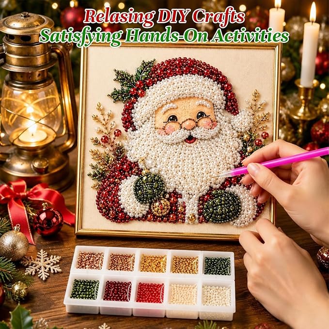 Irsnianianfa DIY Christmas Pearl Diamond Art Painting Kit with Frame,11.8x11.8in 3D Christmas Pearl Beads Art Craft for Adults Beginner,Holiday Christmas Wall Decor,Healing Stress-Relieving(A03)