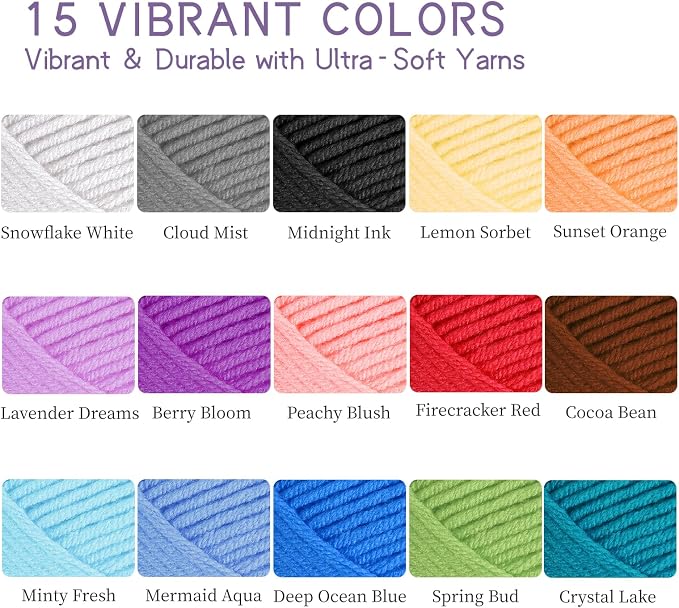 JC CRAFT Beginner Crochet Kit – 81 Piece Starter Set with 15 Colorful Yarns, Ergonomic Hooks, Complete Supplies, White Tote Bag, Accessories Case, Guide Book & Online Video Lessons
