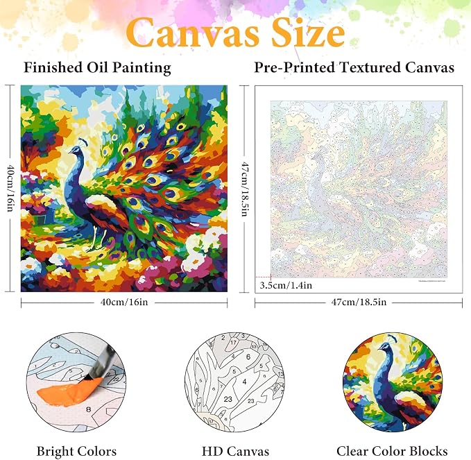 Paint by Numbers Kit for Adults, Peacock & Flower Design, 16x16 Inch