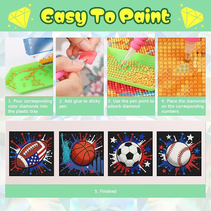 ICYANART 4 Pack Diamond Art Painting Kits for Kids Age 6-12 6x6 Inch | Sport Diamond Art Kits for Kids, Small Diamond Art Kits, Art and Crafts for Kids, Gift and Home Wall Decor(no Frame)