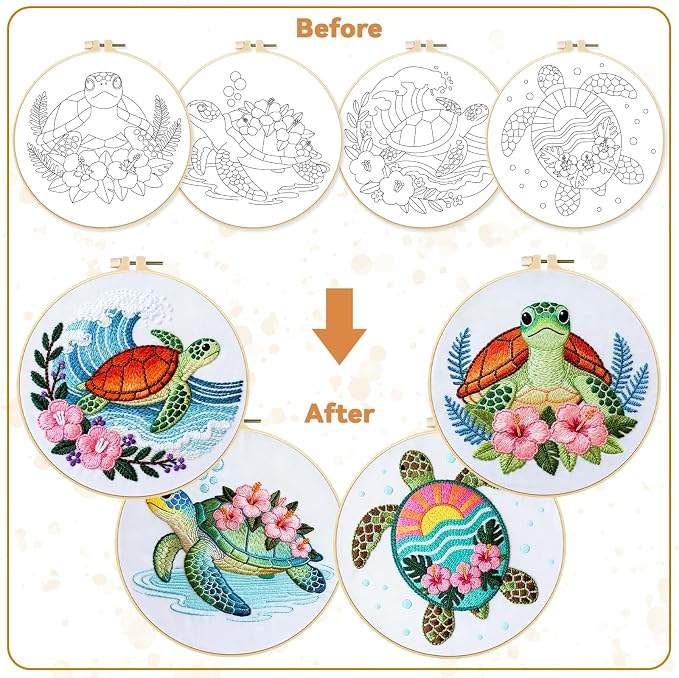BEUNITONE 4 Sets Sea Turtle Embroidery Kits for Beginners DIY Craft Kits for Adults with Printed Patterns, Hoops and Instructions, Hibiscus Flower Needlepoint Kits for Clothing and Home Decor