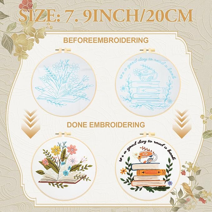 ElasignShopo 4 Set Embroidery Kit for Beginners Adults Book Lovers Embroidery Starter Kit Books Flowers Pattern Hand Crewel Cross Stitch Kits Includes Instruction 2 Hoops Color Threads Needles