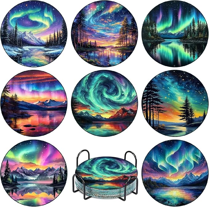 askkqtx 8 Pcs Aurora Diamond Art Coasters Kits with Holder 4X4 Inch
