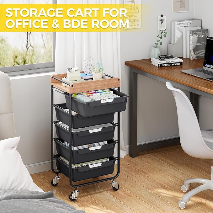 SYKIARIOL Utility Cart with 5 Labeling Drawers and Wooden Tabletop,Black | Rolling Storage Cart for Crafters, Artists, Kids, Teachers, and Students – Organize Arts, Crafts, Sewing & Study Supplies