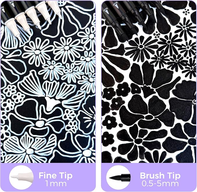 Artecho Dual Tip Acrylic Paint Pen White 5pcs set-Fine Tip and Brush Tip